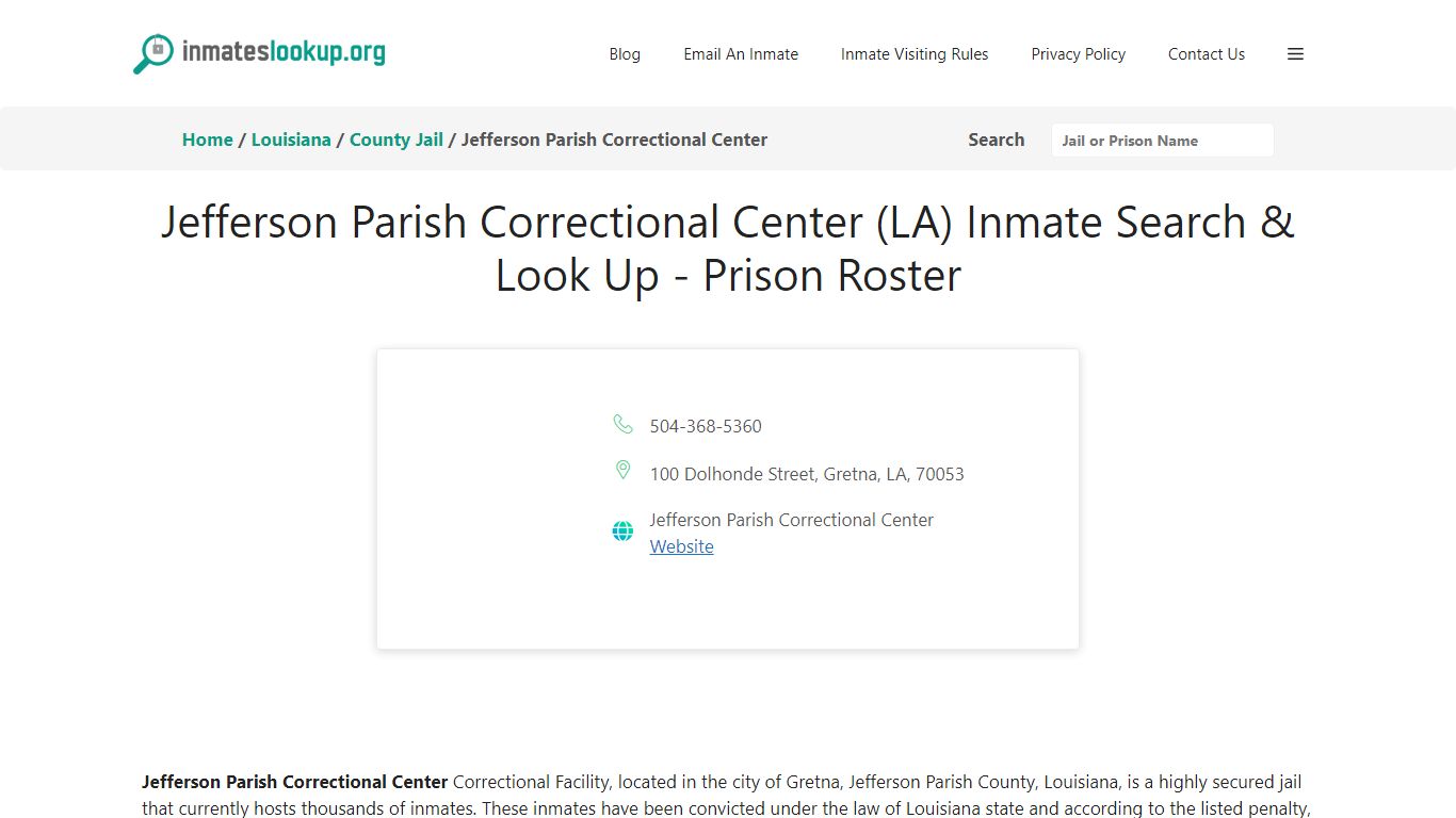 Jefferson Parish Correctional Center (LA) Inmate Search & Look Up ...